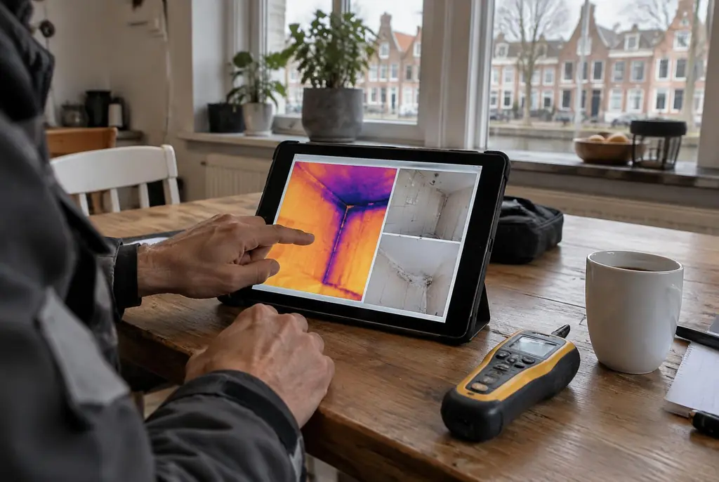 Lekdetectie Oegstgeest – lekdetectierapport met warmtebeelden en foto's op een tablet