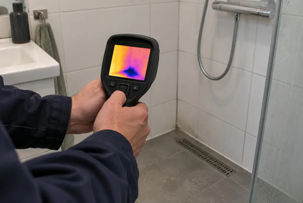 Lekdetectie Oegstgeest – lekdetectiespecialist met warmtebeeldcamera in een badkamer