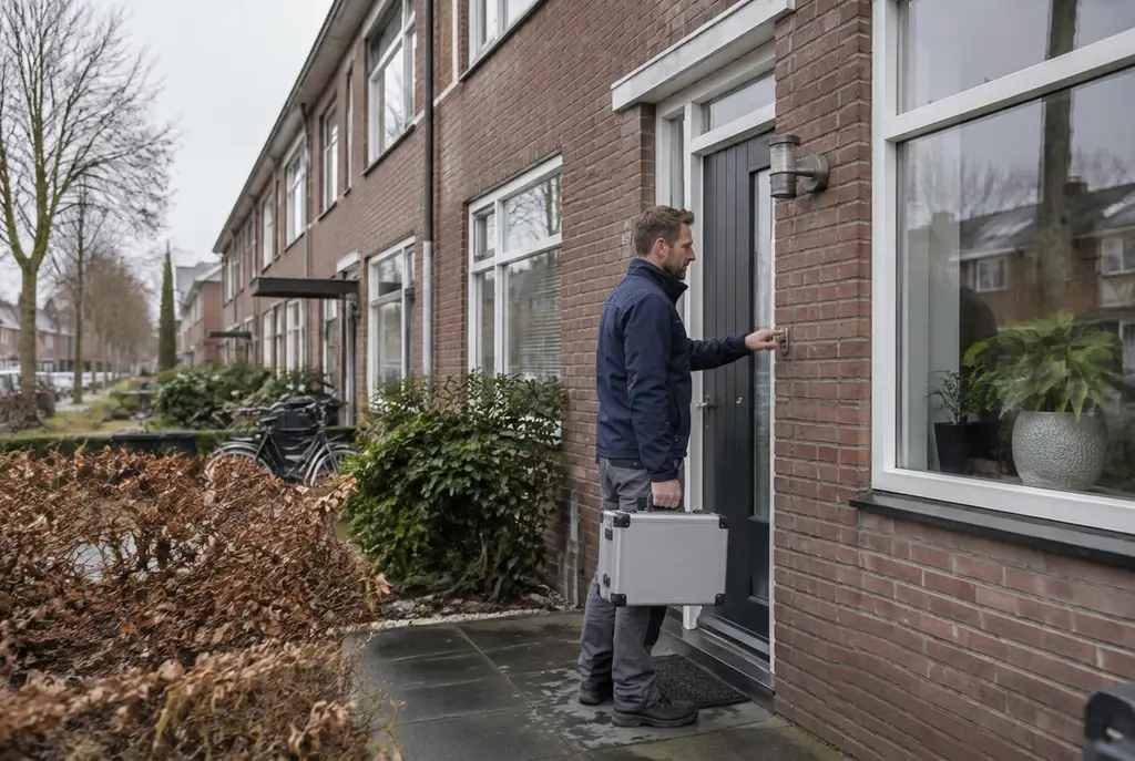 Lekdetectiespecialist met meetkoffer bij de voordeur van een woning in Oegstgeest